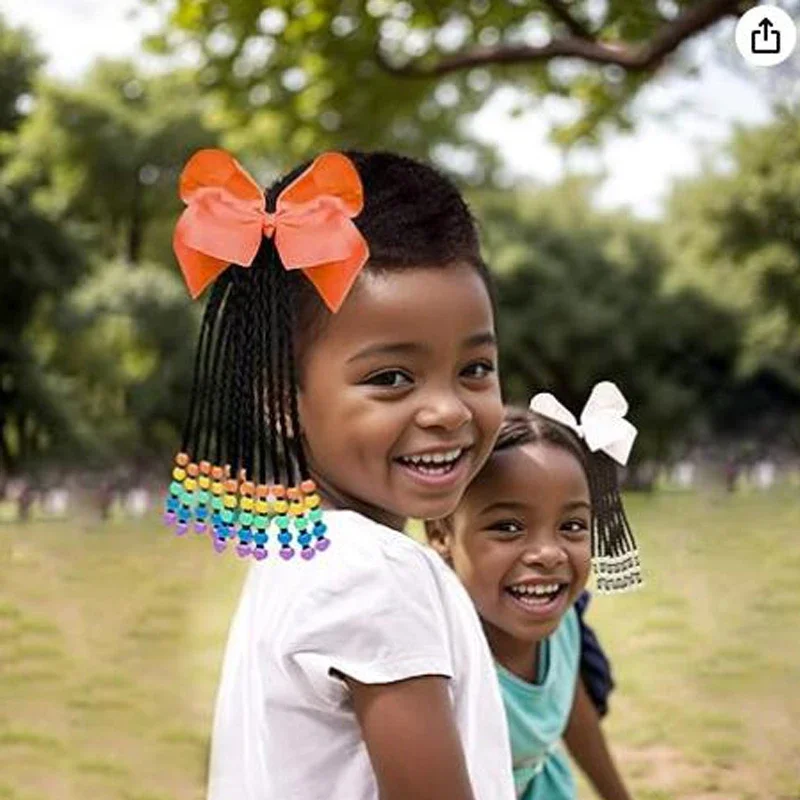 Kids Ponytail With Beads Braids Hair Extension Detachable  Curly Hairpieces With Bows Protective Easy Hairstyle For Girls