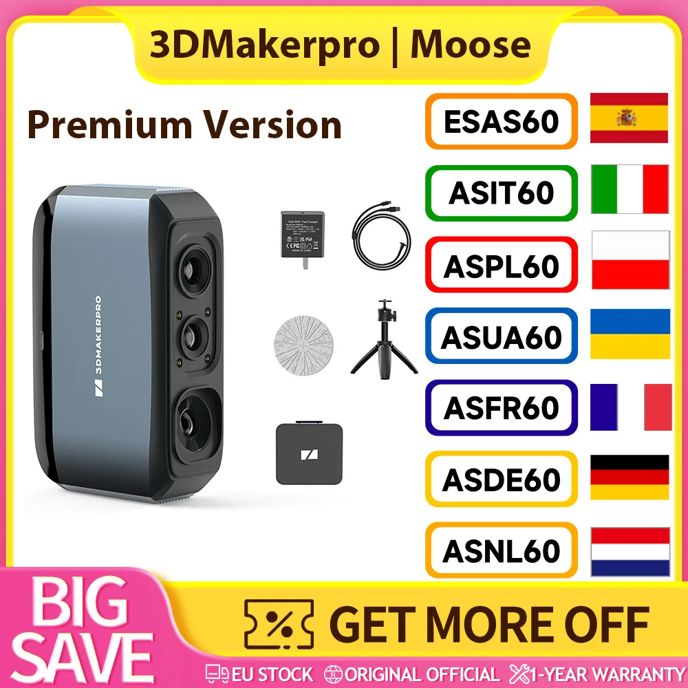 Scanner 3D 3DMakerpro Moose, suivi visuel Al, résolution 0,07 mm, précision 0,03 mm, source de lumière LED bleue, caméra couleur 24 bits, taux de cadre 10 fps, objectifs anti-secousse, compatible avec