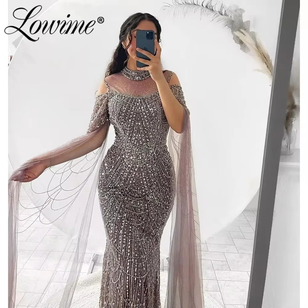 Mint Green Cape Sleeve Prom Dress Arabic Evening Dresses 2024 Custom Made Women Pearls Beaded Mermaid Formal Prom Party Dress