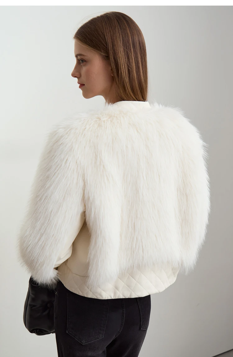 AMII 2026 Winter New Fur Jacket Solid Color Modern Warm Outerwear V-neck Imitation Fur Loose Spliced PU Top Female 12424012
