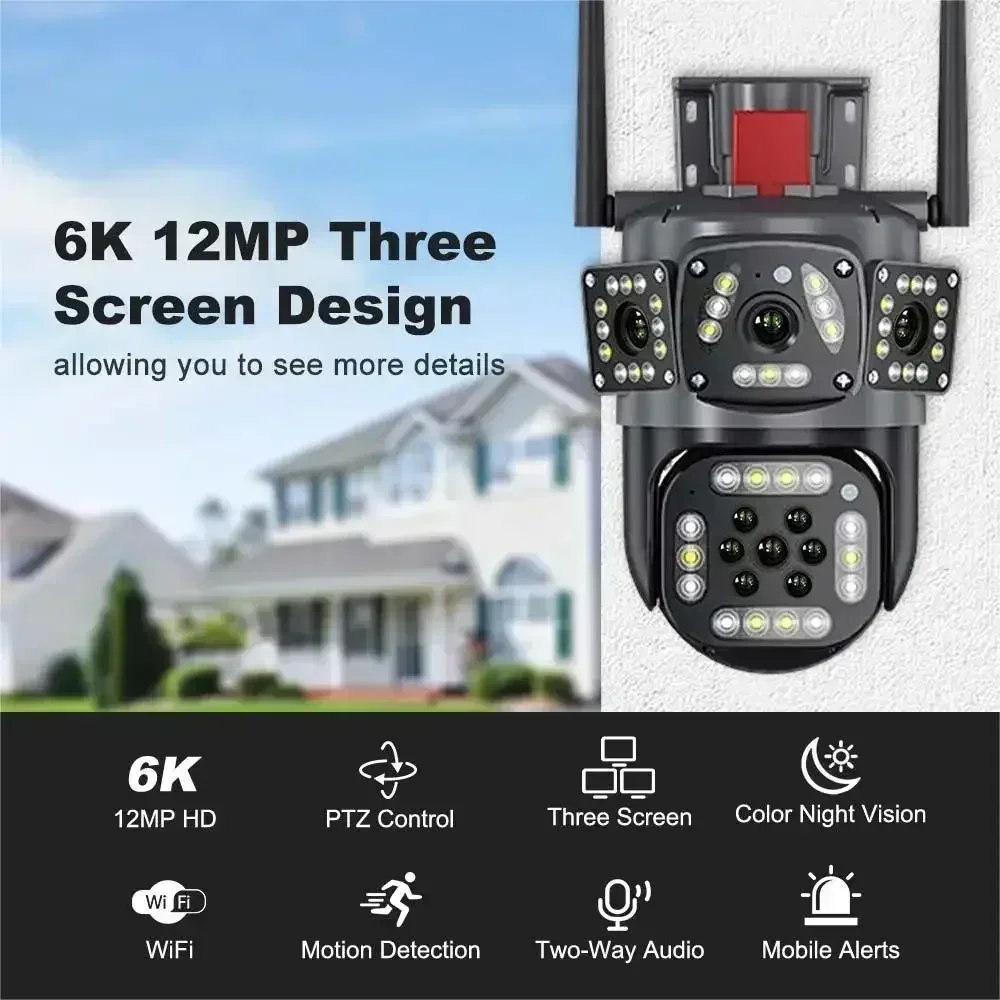 12MP 6K HD WiFi IP Camera Free 256G card gift Three Screens PTZ Outdoor Tracking CCTV Surveillance Cam Smart Security Protection