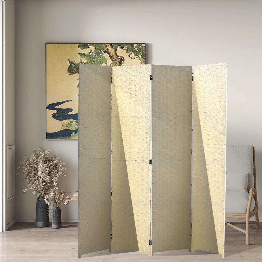 Ivory Woven Fiber 4 Panel Folding Room Divider Privacy Screen