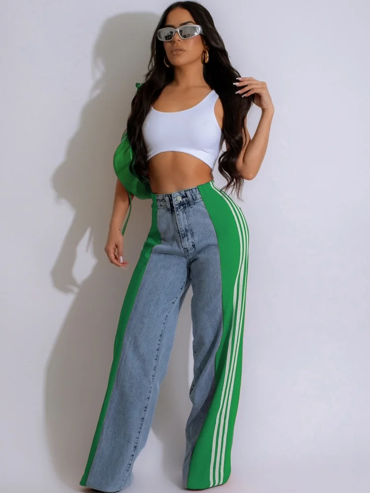 JRRY Casual Women Striped Denim Pants Buttons Pockets Long Loose Three Stripes Jeans High Street Outdoor Denim Capris Trousers