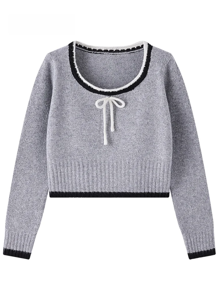 

JZZDEMM Women's Knitted Sweater with Bow Knot round Ne Slim Fit ort Top Waist-Cinching Autumn Winter Faion Vintage Sle