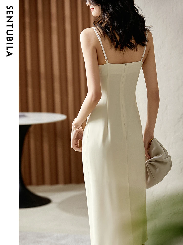 SENTUBILA Elegant Sexy Split Bodycon Dresses Women 2024 Solid Square Collar Strappy Midi Slip Dress Ladies Party Club Sundress