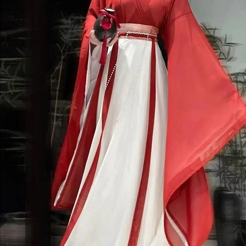 WeiJin musim gugur hijau Dinasti merah kerah silang dicetak lengan besar gaun putri Hanfu setelan gaun Cospaly Oriental wanita