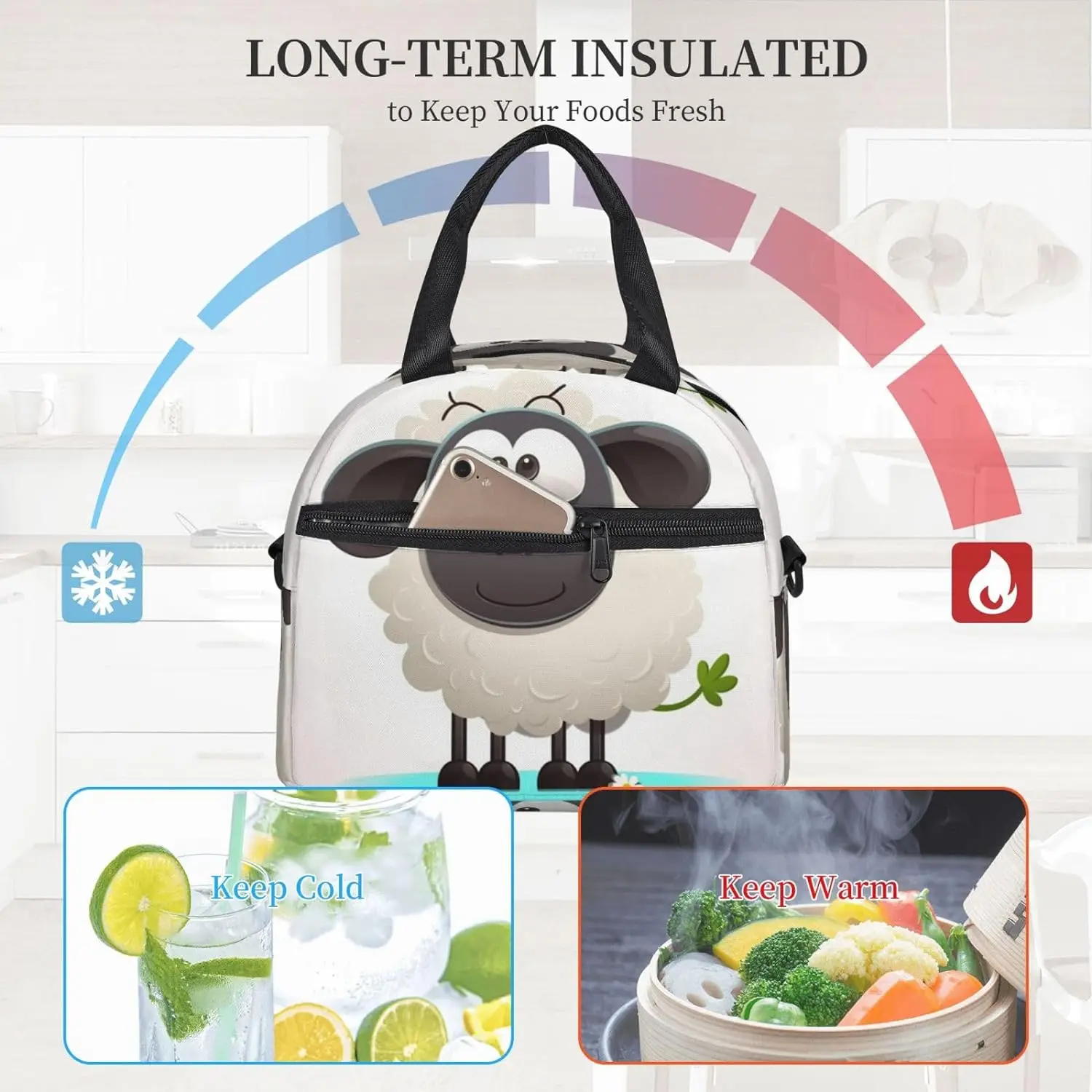 Sheep Print Lunch Box For Women Men Reusable Insulated Cooler Portable Lunch Tote Bag Large Capacity Lunch Container