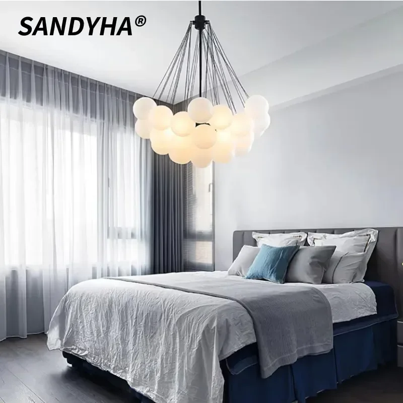 

SANDYHA LED Frosted Glass Bubble Ball Pendant Light White Balloon Form Chandelier Classic Living Room Parlor Hanging Lamp Decor