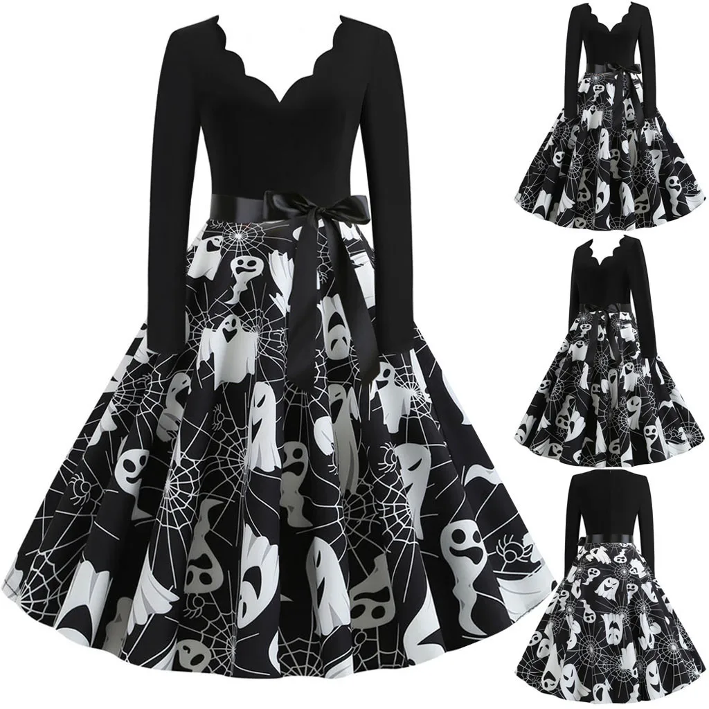 Gothic Dress Halloween Pumpkin Print Long Sleeve Retro Swing Gown Women Party Cosplay Skirt Festive Vintage Attire Halloween T1
