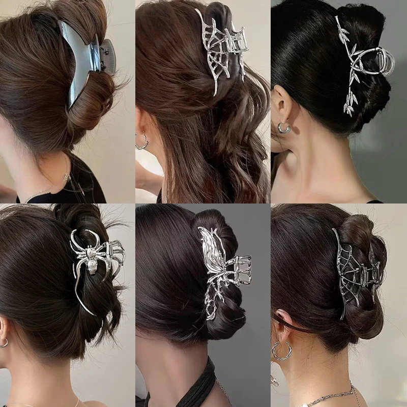 女性のためのヴィンテージスパイダーヘアクロー,シルバーとブラックのヘアクリップ,ヘアピン,トレンディなヘッドギア,新しいアクセサリー2024