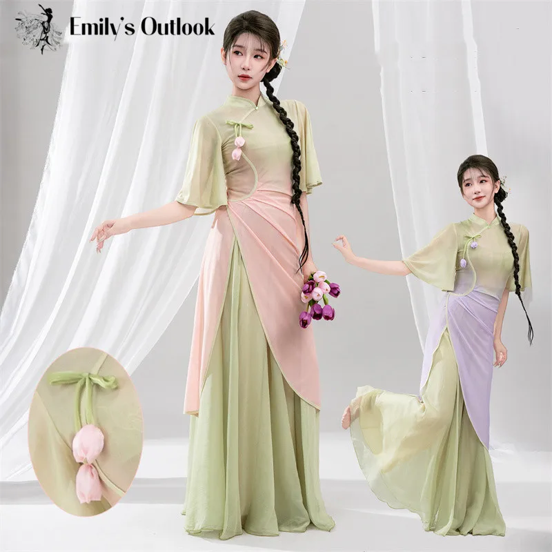 

Китайское классическое танцевальное платье Cheongsam, широкие брюки, газовый топ с градиентом и длинными рукавами, элегантный наряд Ципао с цветочным принтом и пуговицами