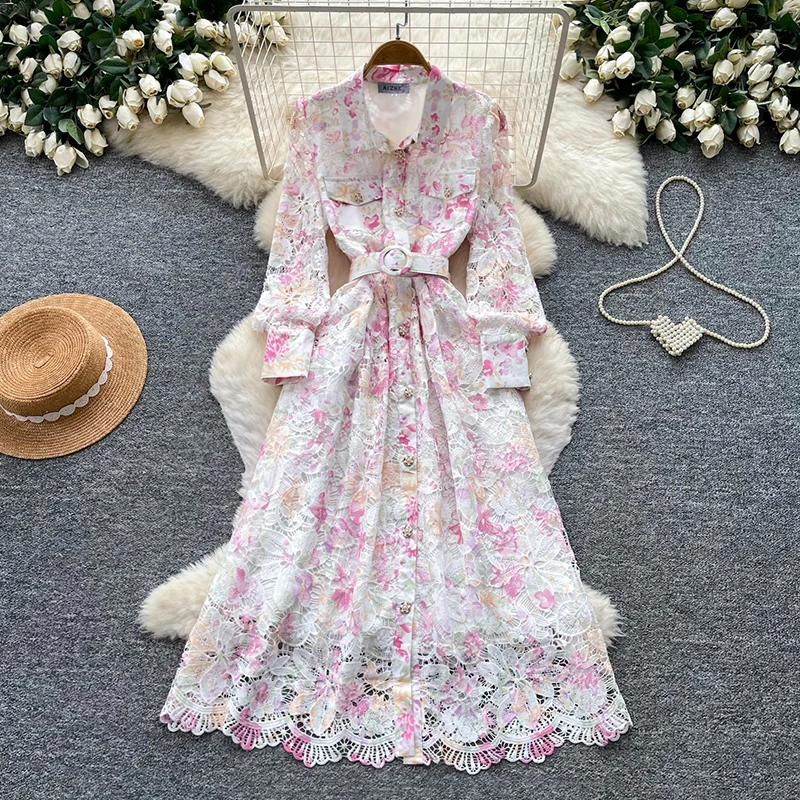 Women's  Dress Fall Spring Floral Lace Long Sleeve Wrap Waist Bandage Elegant Formal Premium Sophisticated Vibe Mid Length DS627