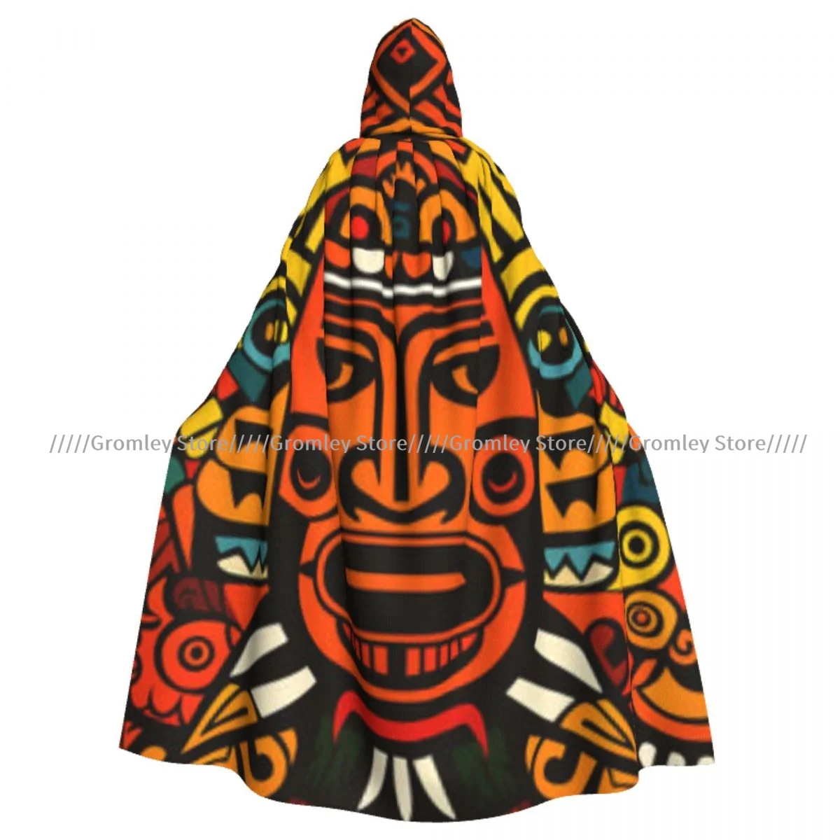 Medieval Halloween Cosplay Cloak Hooded Coat African Tribal Ethnic Mask Pattern Cape Coat Long Trench Costume Wizard Cloak