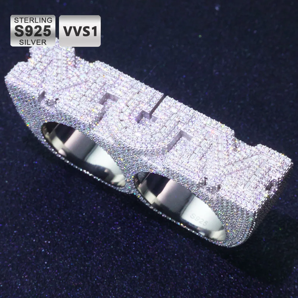 

Custom Design Hip Hop Letter/Name Combination of 2 Finger Ring Sterling Silver VVS Moissanite Diamonds Multi Finger Ring