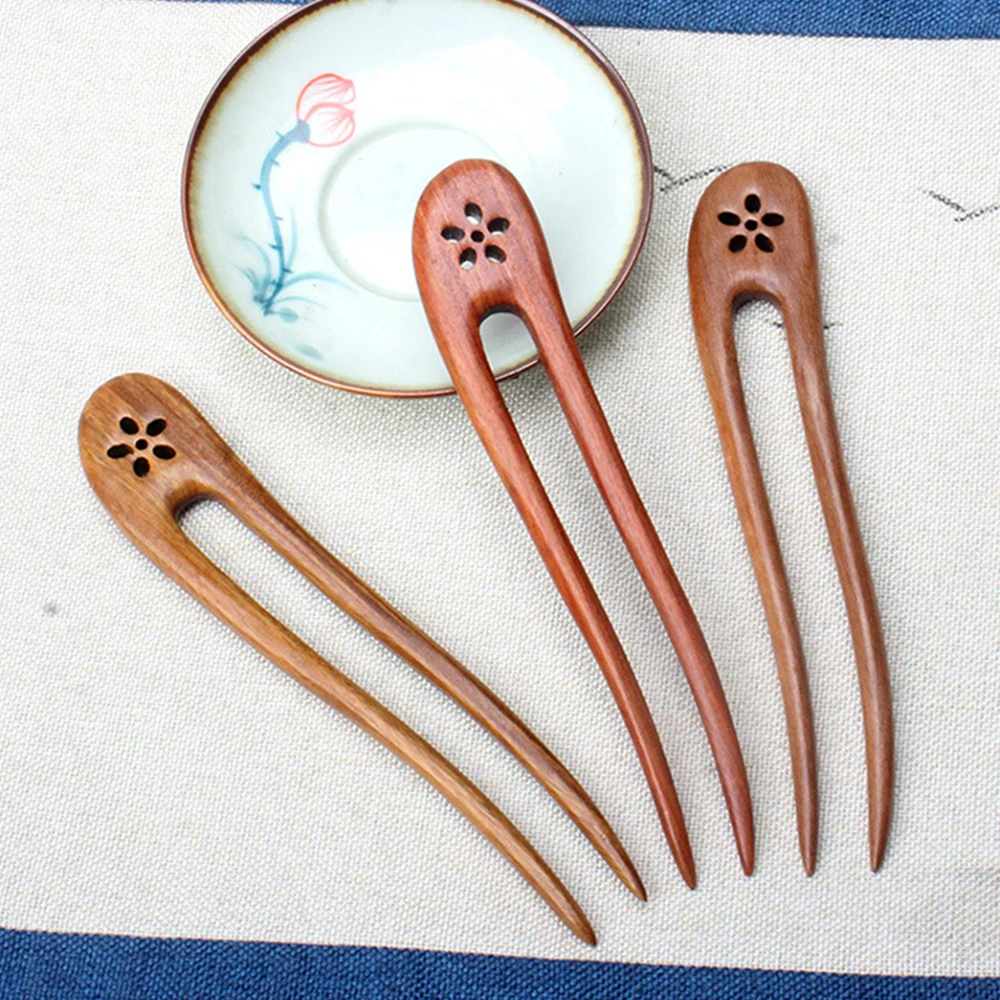 Chinese Hairpins Double Forks Classy Rosewood Headdress with U-shape for Friend Chinese New Year Gift