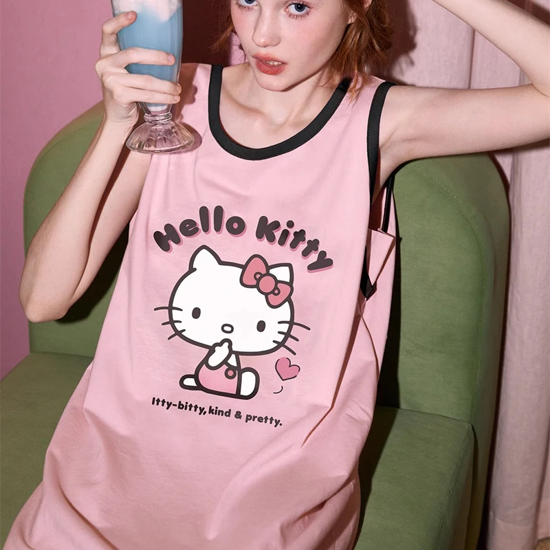 Hello Kitty Vest Nightgown Sanrio Pajamas Girl New Kawaii Cartoon Cute Princess Lounge Round Neck Milk Shreds Sleeveless Clothes