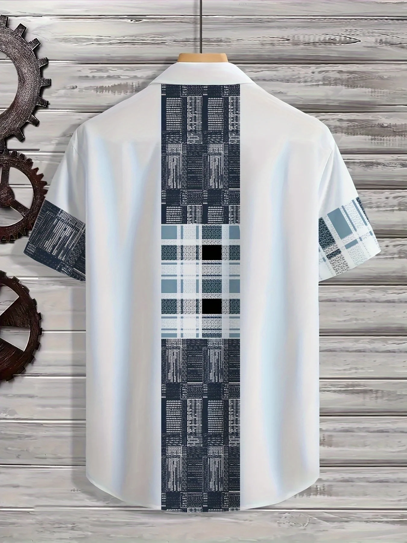 Men Half Spliced Denim Plaid Asymmetric Design Streetwear Short Sleeve Shirt