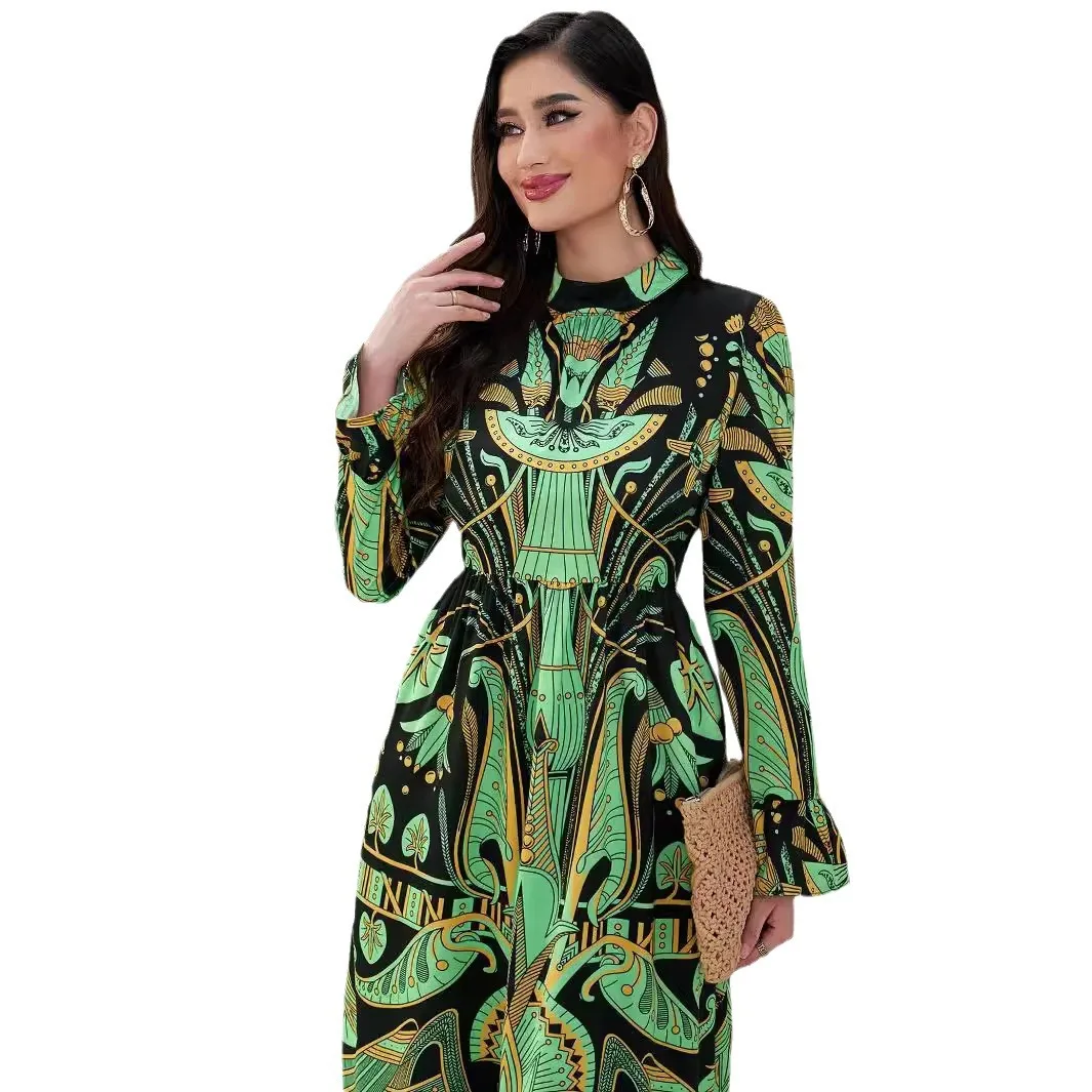 Cross-border Middle East Women's Long Dress Boutique Positioning Totem Printing Horn Sleeve Big Pendulum Dress Cw81234