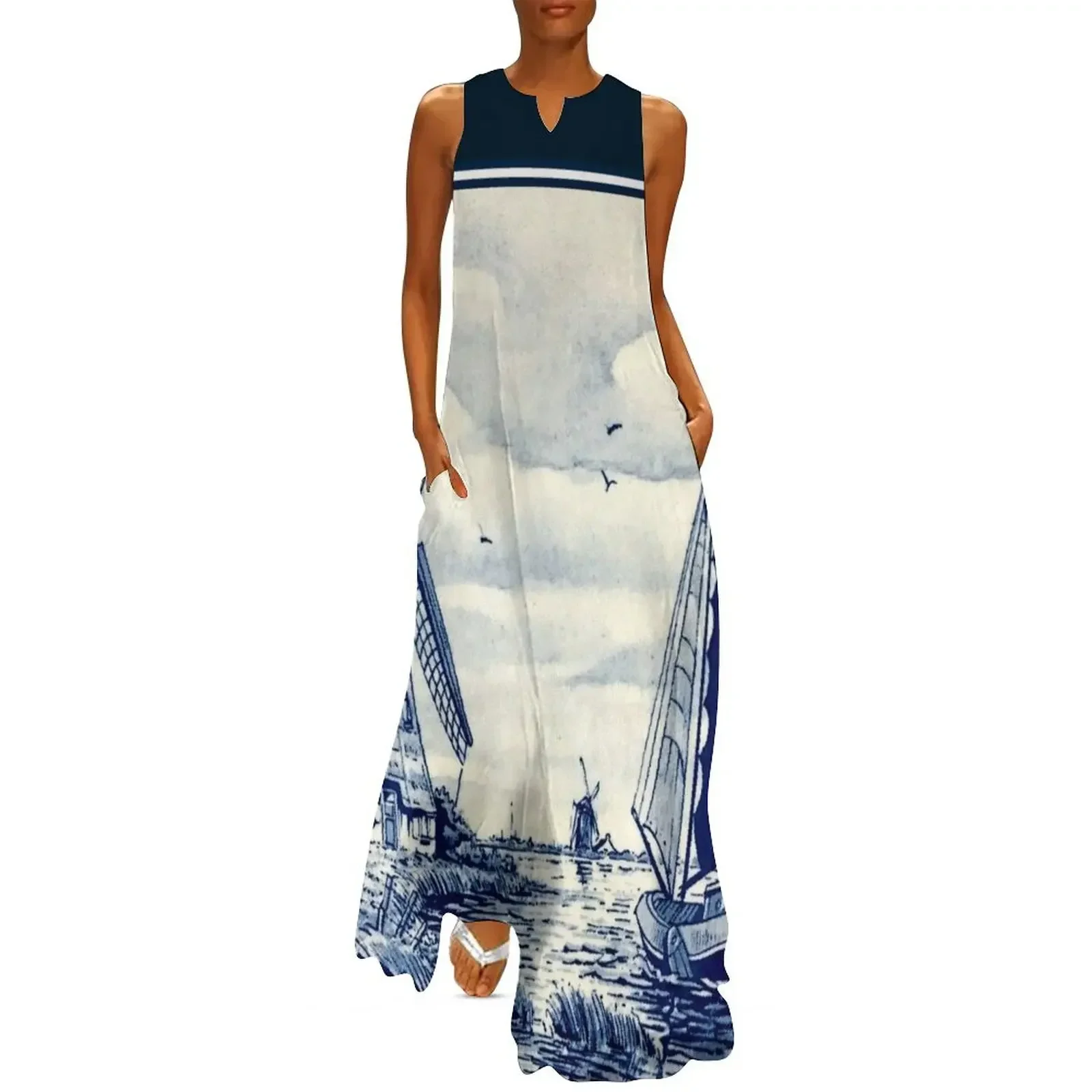 

DUTCH BLUE DELFT : Vintage Sailboat and Windmills Print Long Dress long sleeve dress summer clothes sexy dress