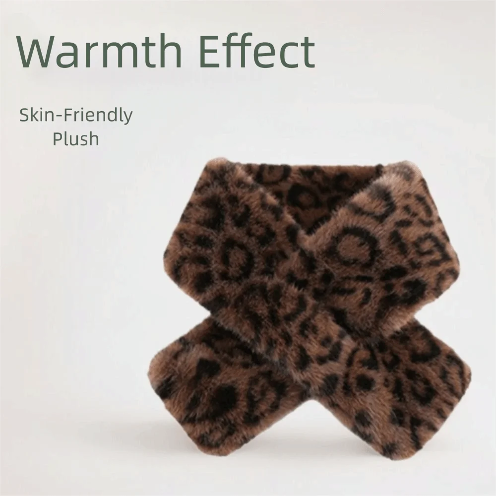Leopard Print Thicken Warm Scarf Cute Soft Windproof Faux Rabbit Fur Collar Faux Fur Winter Accessory