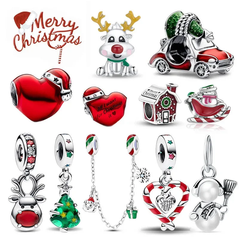 S925 Sterling Silver Merry Christmas Tree Heart Charm Beads Fit Pandora Bracelet Pendant for Women DIY Jewelry Christmas Gifts