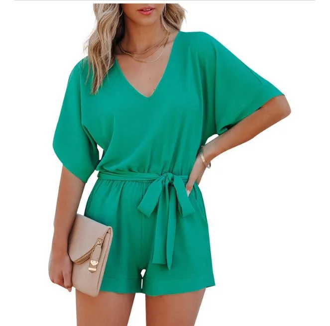 

New Fashionable Solid Color Lace-up Short-sleeved Loose-fitting Waist Jumpsuit Shorts