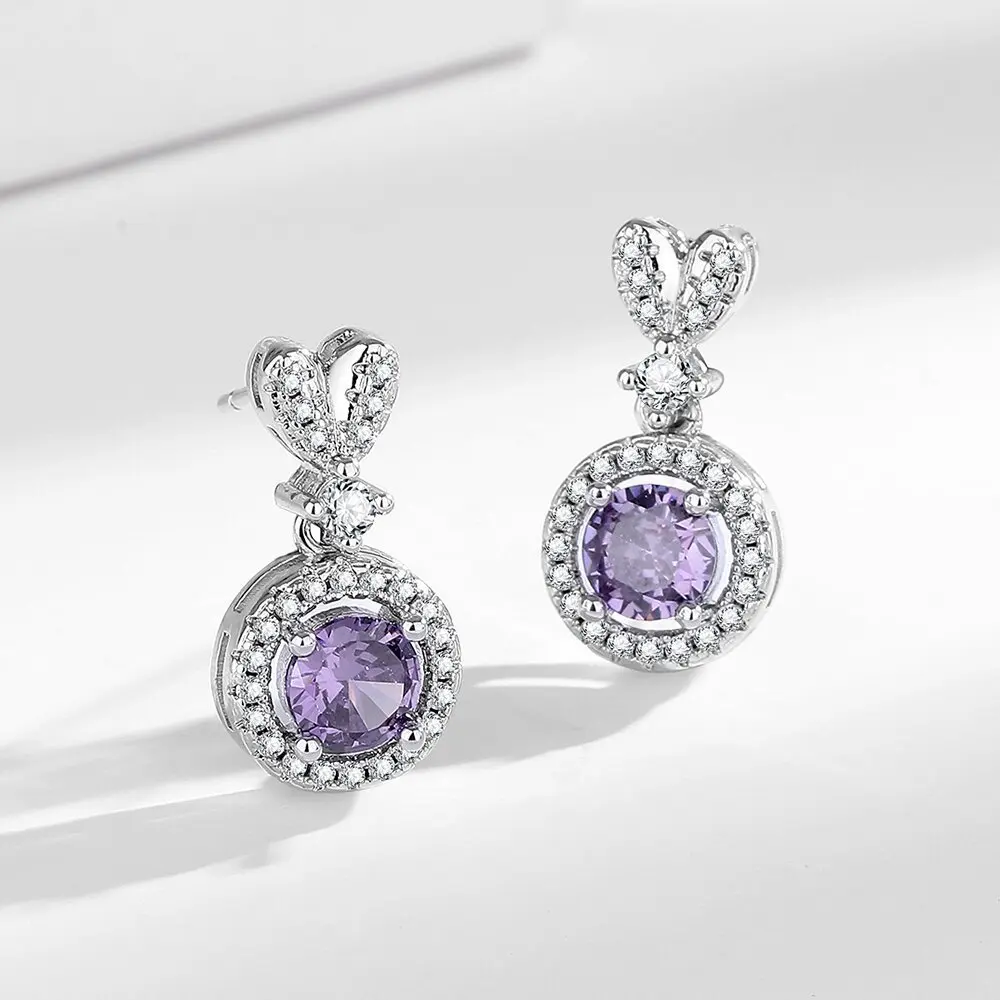 

Изысканные маленькие элегантные милые круглые женские серьги-гвоздики из стерлингового серебра 925 пробы с фиолетовым цирконом