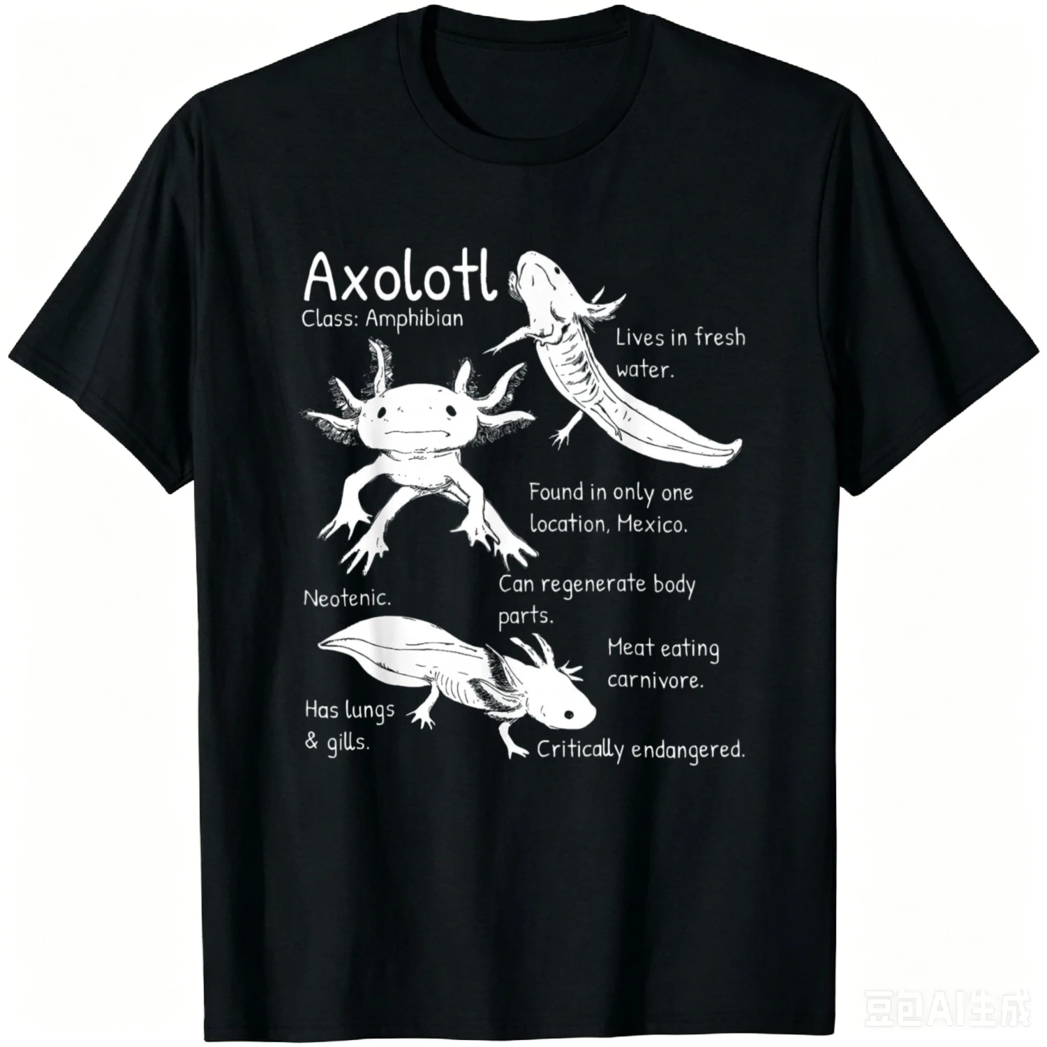 Axolotl Facts Species Types Endangered Animals Illustration T-Shirt Customizable Funny Individuality Cotton Printed T-shirt