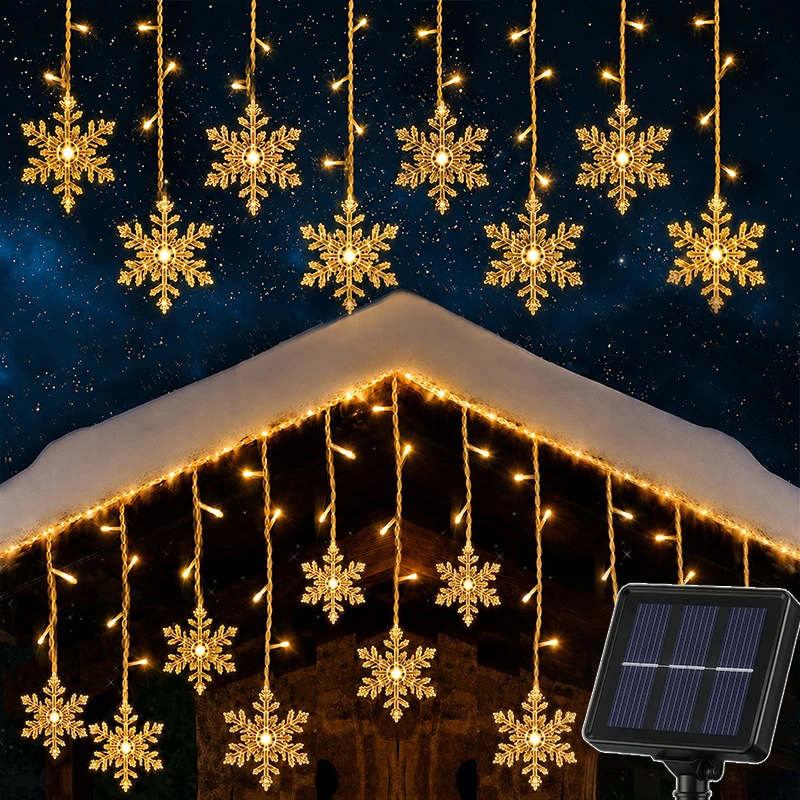 Solar Snowflake LED Lights Outdoor Waterproof IP54 Rating 8 Modes Flashing Wave Steady Light Warm White Colorful Holiday Deco