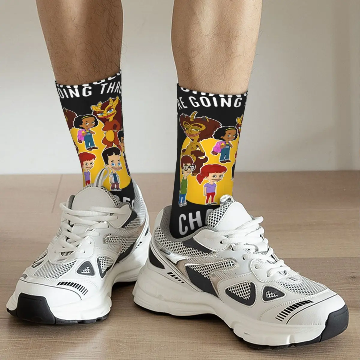 Funny Happy Men\'s Compression Socks We Are Going Through Changes Retro Harajuku Big Mouth Nicholas Rick Animated TV Hip Hop Sock