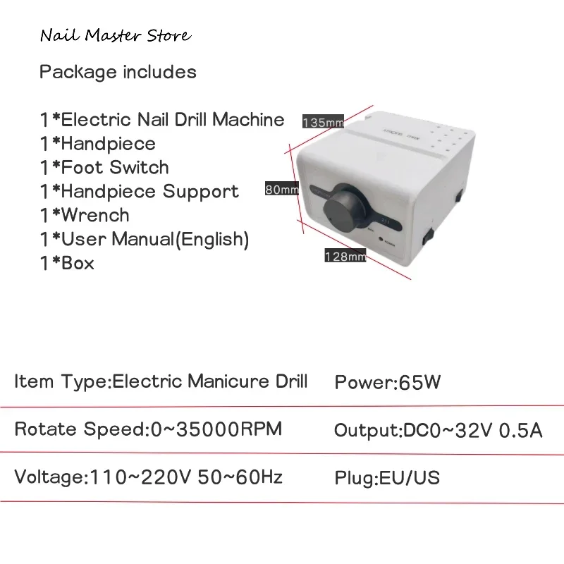 Máquina pulidora eléctrica para uñas, herramienta de manicura y pedicura con mango plateado, 211 rpm, 65W, 35000