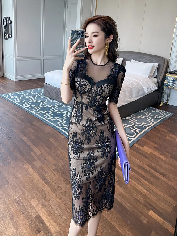 

Coigarsam Dress Women Summer New French Style Sexy Vintage Solid Lace Strapless O-Neck Champagne Black Dresses