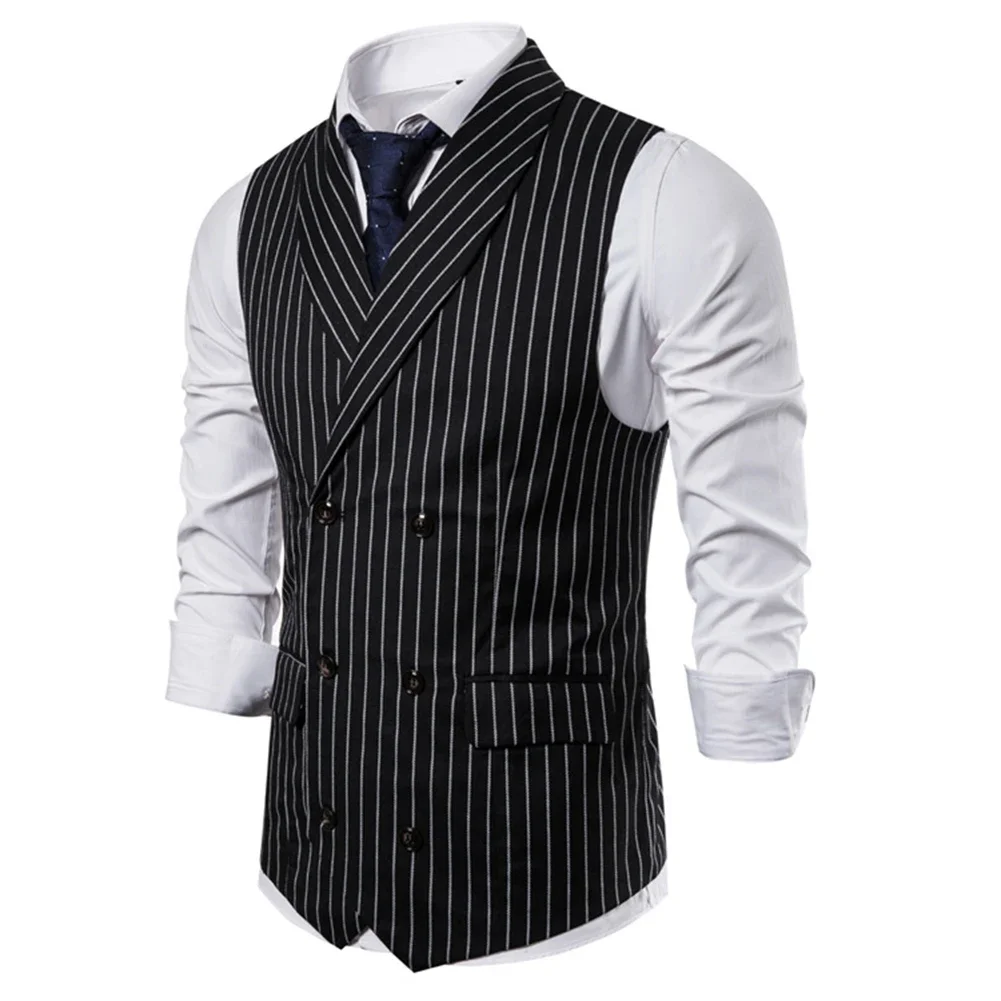 Chaleco de solapa ajustado para hombre, chaqueta Formal sin mangas con botones a rayas Retro, adecuada para varios eventos