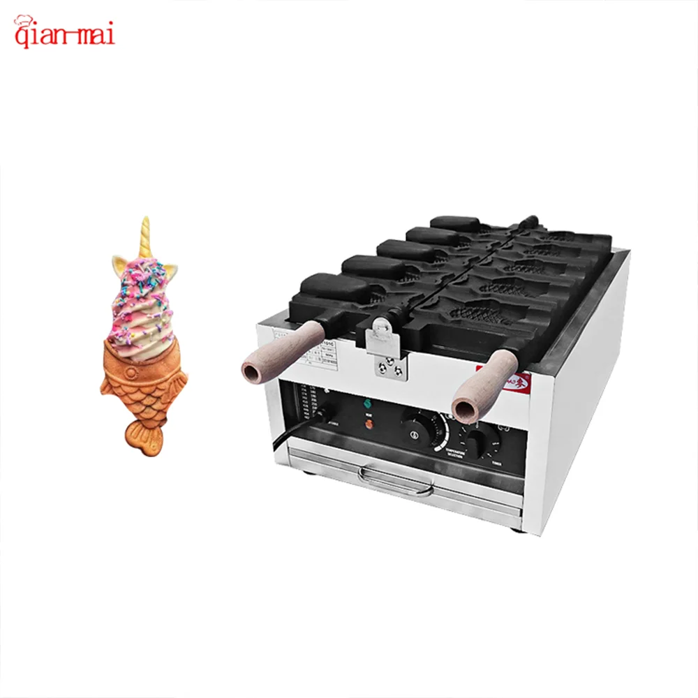 5Pcs Ice Cream Taiyaki Machine Commercial Electric Fish shaped Open Mouth Waffle Maker Non-stick Ice cream Cone Taiyaki Machine