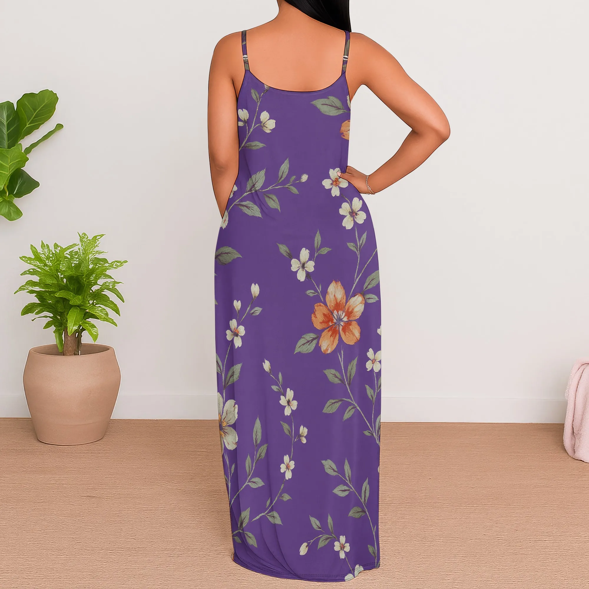 ชุด Maxi สําหรับผู้หญิงเซ็กซี่สบายๆดอกไม้พิมพ์สปาเก็ตตี้ปรับได้ยาวฤดูร้อนปาร์ตี้คลับ Sundress พร้อมกระเป๋า