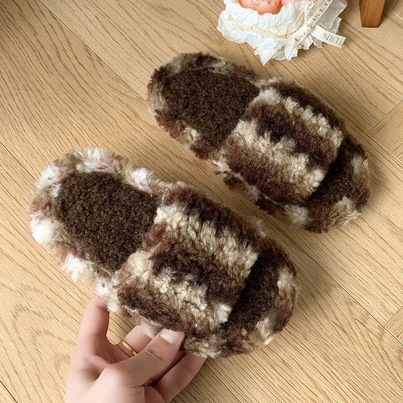 

Girls Home Slippers Autumn Winter Faux Fur Children Flats Slippers Plush Soft Bottom Anti Slip Kids Outdoor Shoes