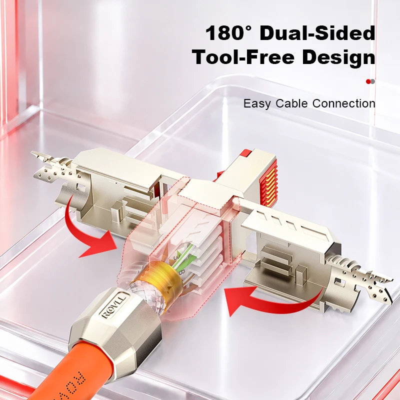 ROVLL Cat8 Cat7 Cat6A RJ45 Connector Toolless Shielded Ethernet Plug 10Gbps Field Termination Modular Plug Zinc Alloy Housing