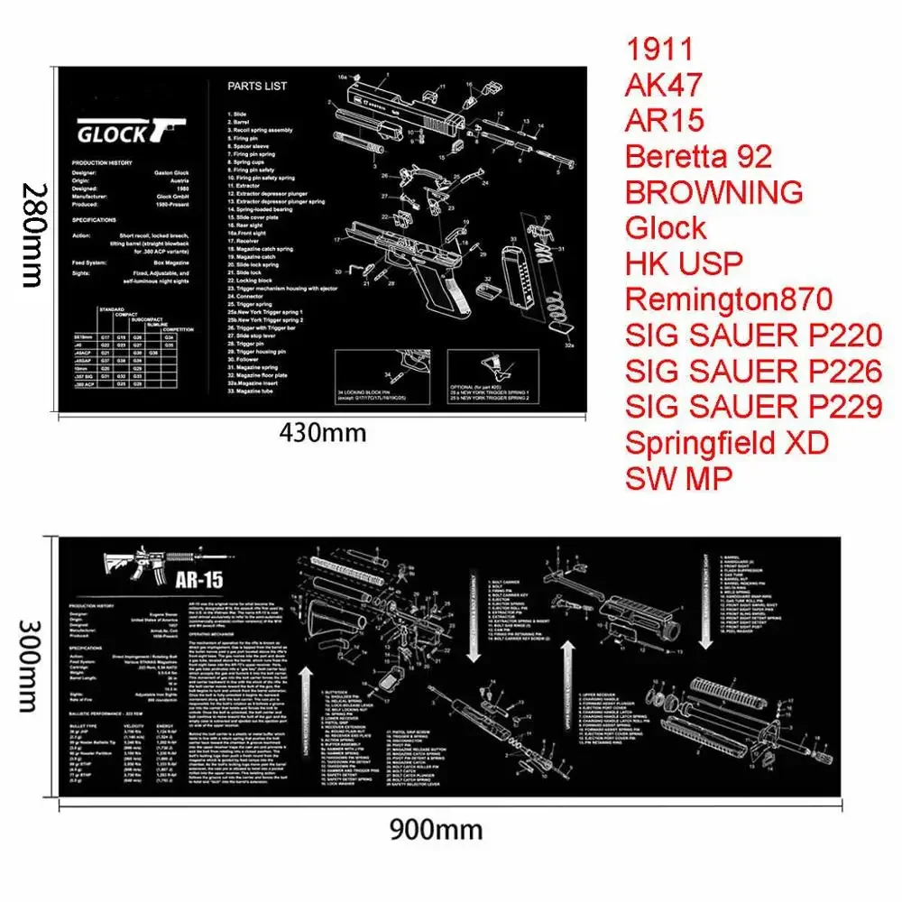 AR15 AK47 Glock Gun Cleaning Rubber Mat With Parts Diagram Instructions Mouse Pad for Smith Colt 1911 Beretta 92 Sig Sauer P320