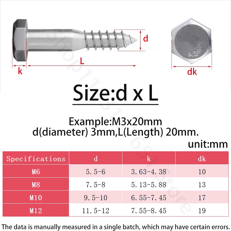 M6 M8 M10 M12 Hex Head Lag Screws 304/316 Stainless Steel Heavy Duty Wood Screws for TV Mounts Deck Boat Repair Large Lag Bolts