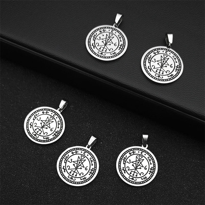 

5PCS Sigil of Lucifer Church Satan Lilith Pentacle Charms Demon Hollow Stainless Steel Pentagram Round Pendant Jewelry Making