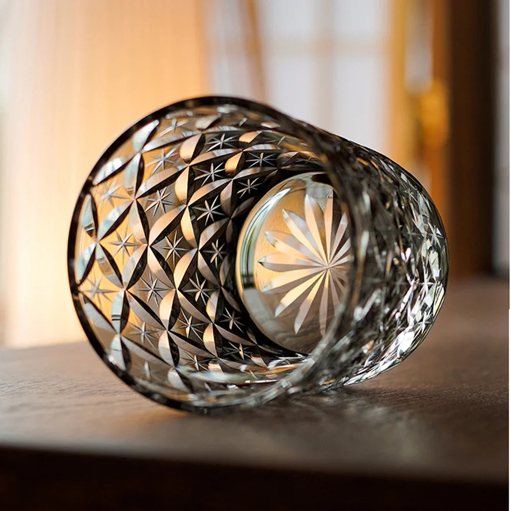Star Pattern Whiskey Glass 250ml, Hand Engraved Edo Kiriko Crystal Tumbler, Vaso Whisky Grabado Estrellas Japanese Barware