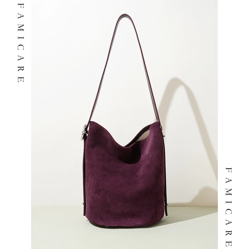 2025 New Suede Leather Bucket Bag Spacious Single Shoulder Crossbody Bag Women Fall Vintage Simple Versatile Popular Tote Bag