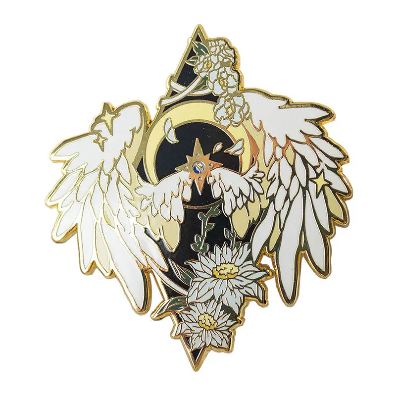 Fantasy Sacred Style Angel, Star, Moon and Flower Enamel Badge Gentle White Flower Gift for Hope Protection Lovers