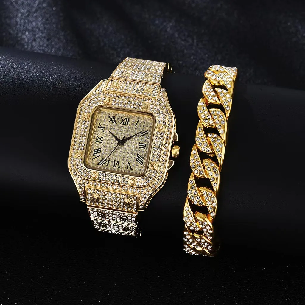 

2Pcs Set Diamond Women Watches Gold Watch Ladies Wrist Watches Luxury Brand Rhinestone Womens Bracelet Watches