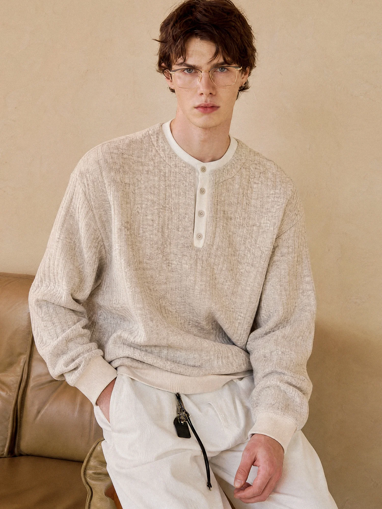 Loose Henry Collar Long Sleeve Knitted Sweater Casual Style Polyester Fiber Men's Fashion Autumn Wear Splicing Pattern Design