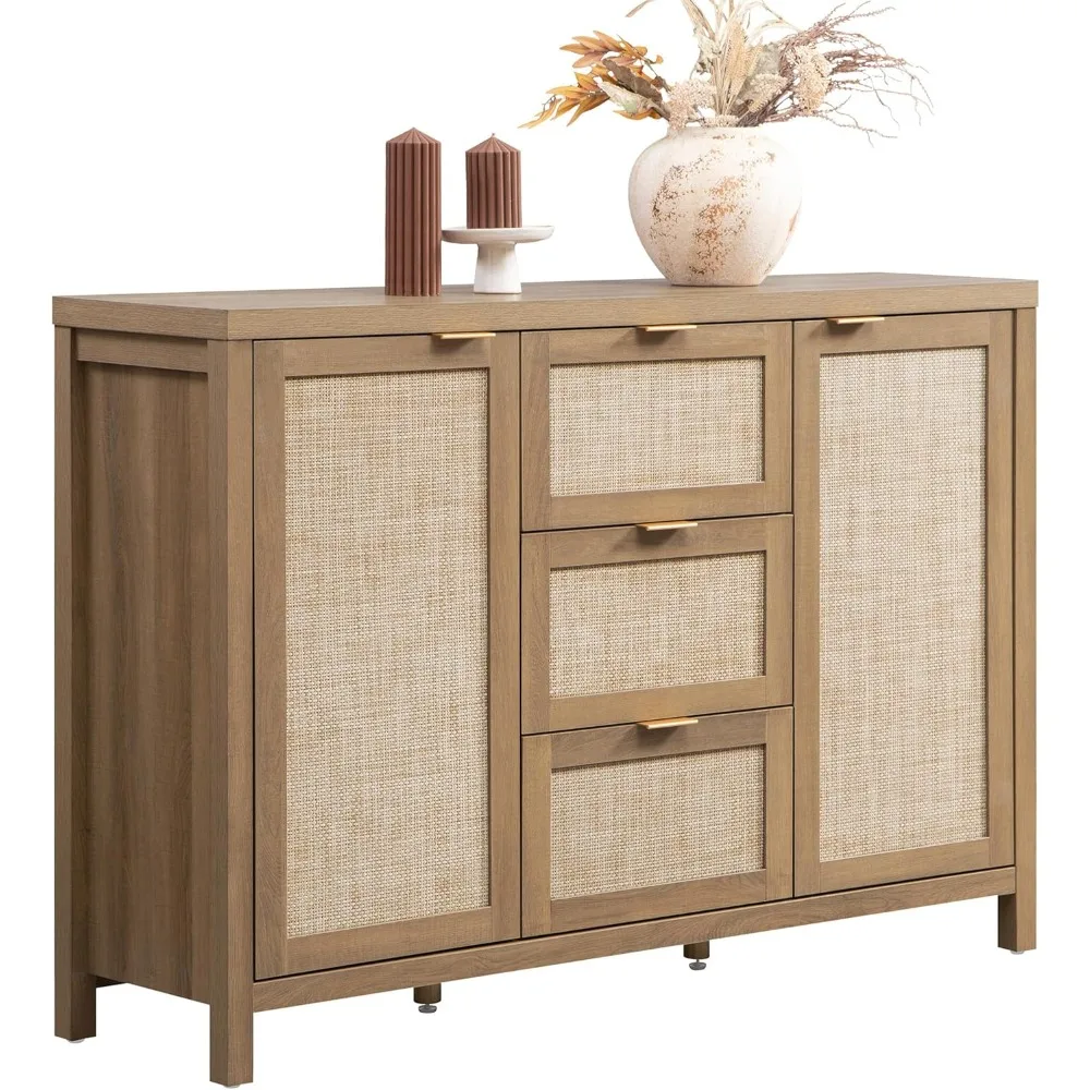 

Rattan Sideboard Buffet Cabinet with Storage - 52 Larger Farmhouse Credenza Storage Coffee Bar Cabinet with 3 Drawers &