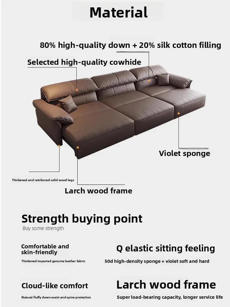Living room dual-purpose small apartment Italian minimalist retractable leather sofa