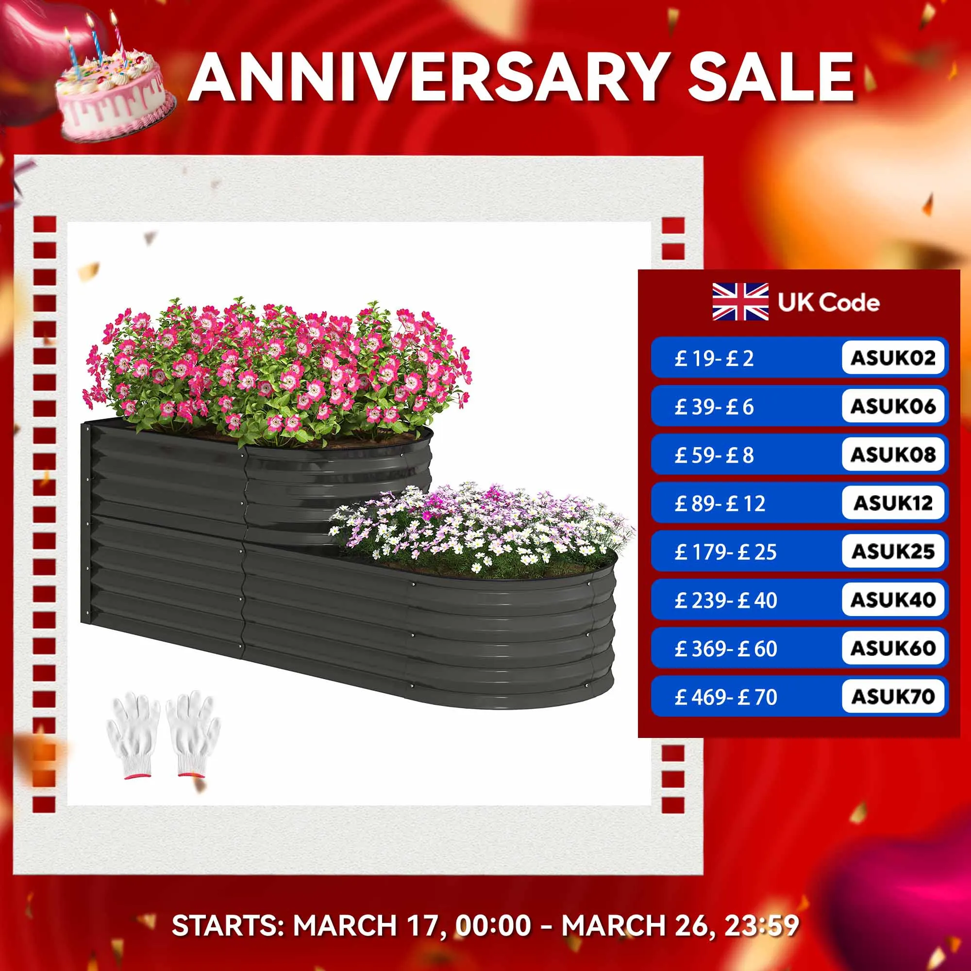 2-Tier Galvanised Raised Bed, Metal Planter Box with Safety Edging, Dark Grey