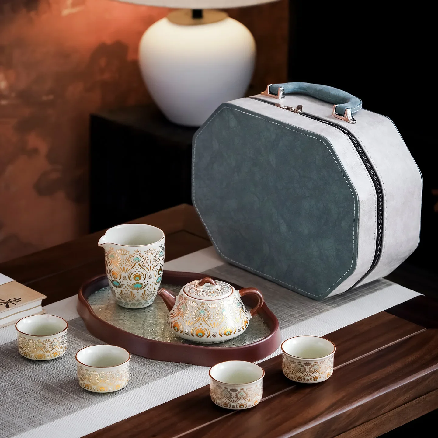 Colorful Tea Tools Set One Pot Four Cups Tea Full Set with Tray Portable Outdoor Camping Gong Fu Travel Tea Set Business Gift