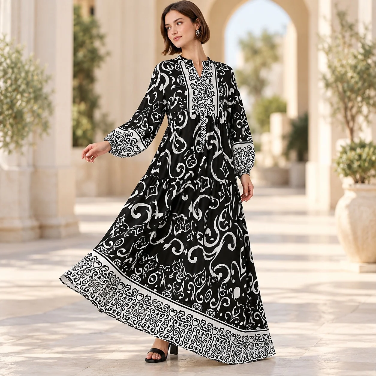 Loose Fit V Neck a Line Dress Graceful Commuting with Party Long Sleeve Lantern Sleeve Mid Waist No Button Closure for Women